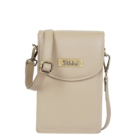 Leather Crossbody Cell Phone Wallet in Taupe/Beige – Leather Sling Travel Purse - Picture 1 of 10
